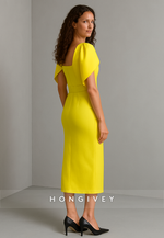 Simple Yellow Tea-Length Square Neck Pleated Short Sleeves Evening Gowns