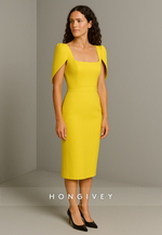 Simple Yellow Tea-Length Square Neck Pleated Short Sleeves Evening Gowns
