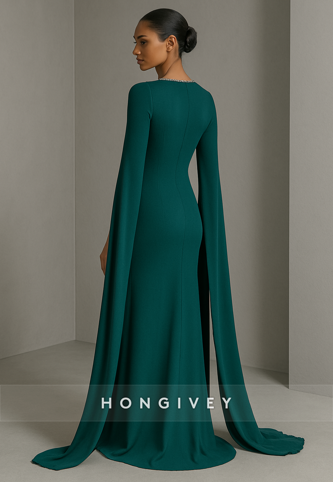 Half Sleeves Simple Scoop Floor-Length Pleated Trumpet Evening Gowns