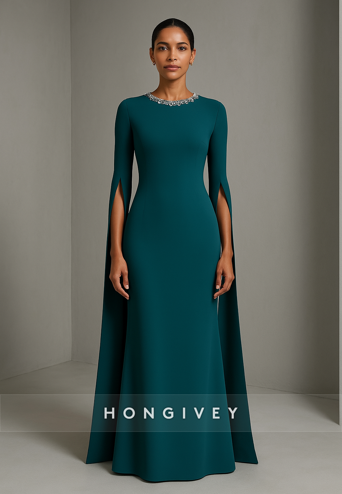 Half Sleeves Simple Scoop Floor-Length Pleated Trumpet Evening Gowns