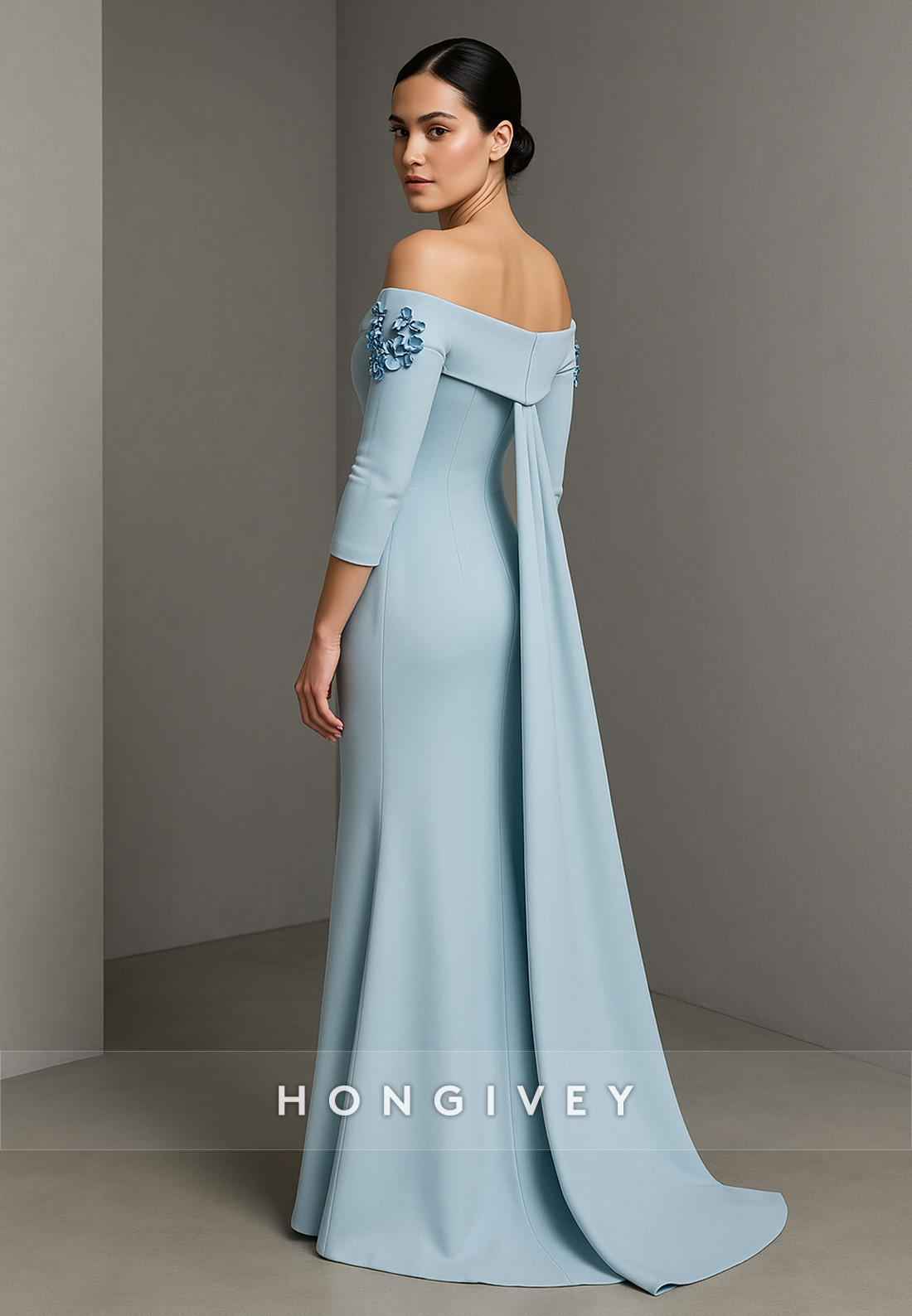 Off the Shoulder 3/4 Sleeve Light Blue Floor-Length Trumpet Evening Gowns
