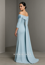 Off the Shoulder 3/4 Sleeve Light Blue Floor-Length Trumpet Evening Gowns