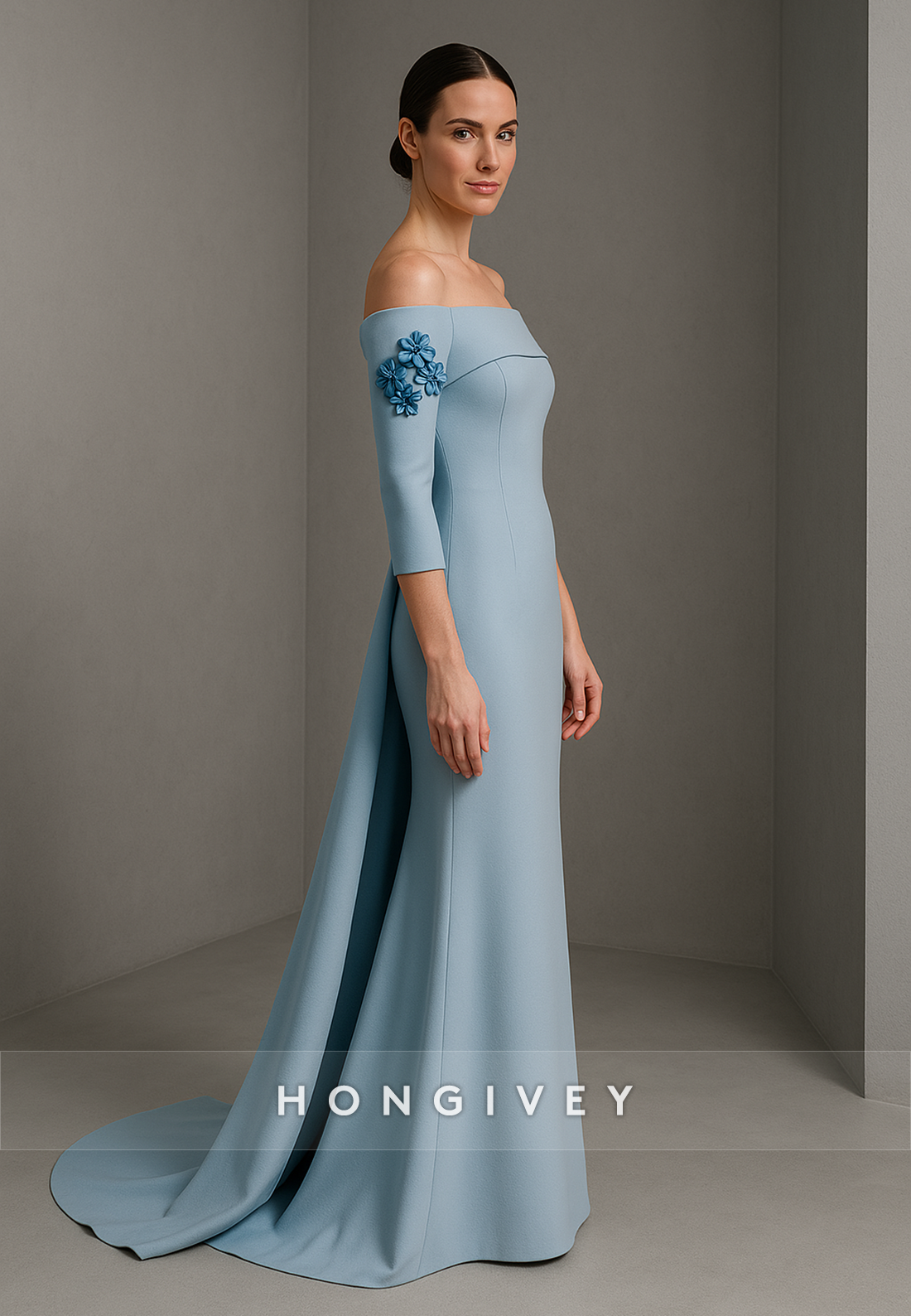 Off the Shoulder 3/4 Sleeve Light Blue Floor-Length Trumpet Evening Gowns