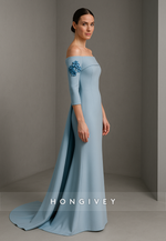Off the Shoulder 3/4 Sleeve Light Blue Floor-Length Trumpet Evening Gowns