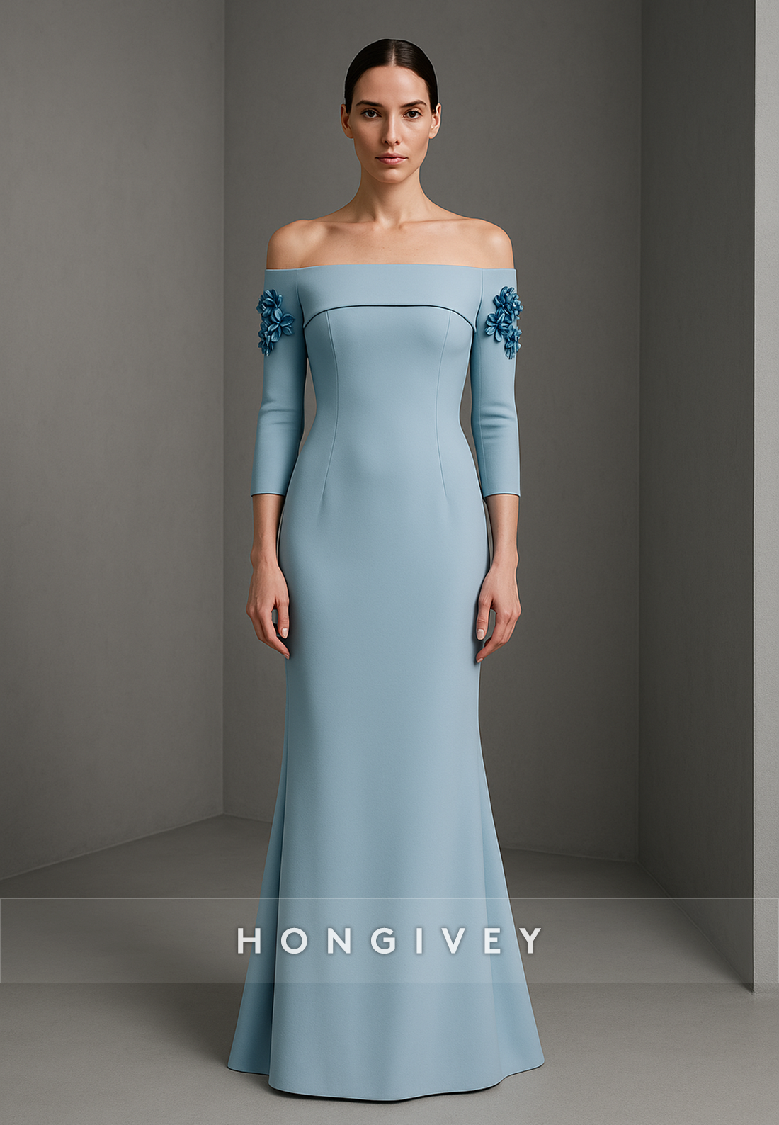 Off the Shoulder 3/4 Sleeve Light Blue Floor-Length Trumpet Evening Gowns