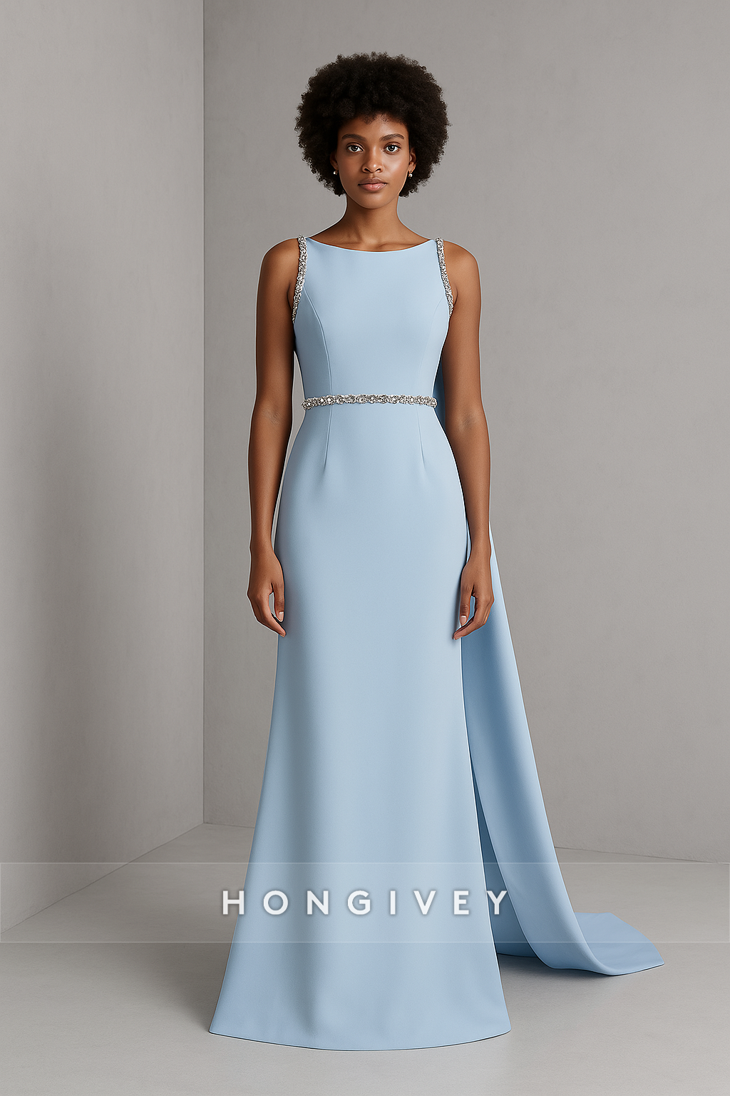 Light Blue Trumpet Sleeveless Floor-Length Evening Gowns with Cloak
