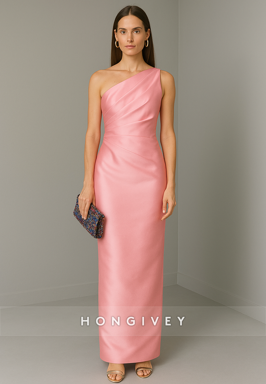 Elegant Blushing Pink One Shoulder Ankle-Length Column Evening Gowns