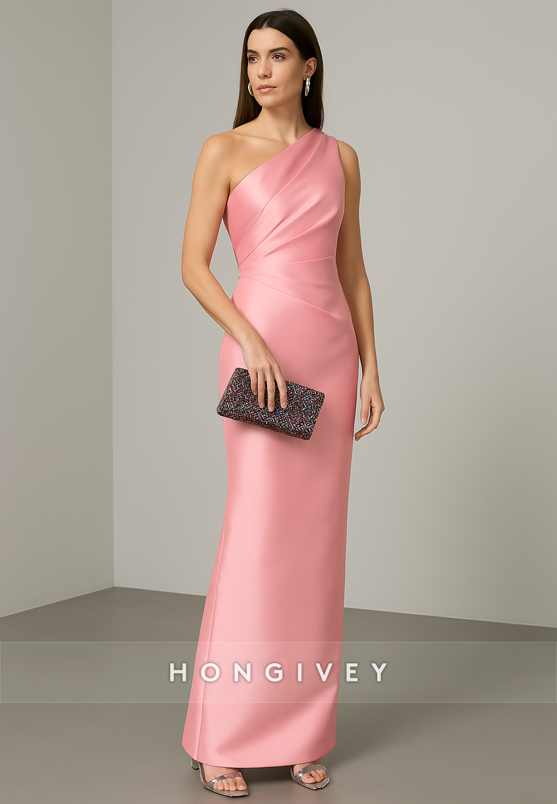 Elegant Blushing Pink One Shoulder Ankle-Length Column Evening Gowns