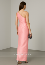 Elegant Blushing Pink One Shoulder Ankle-Length Column Evening Gowns
