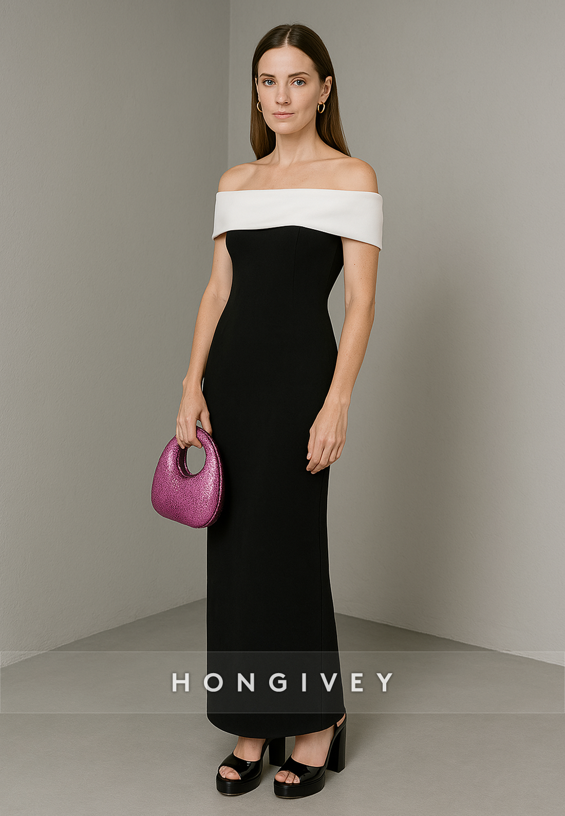 Simple Black Off the Shoulder Ankle-Length Pleated Sheath Evening Gowns