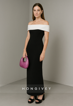 Simple Black Off the Shoulder Ankle-Length Pleated Sheath Evening Gowns