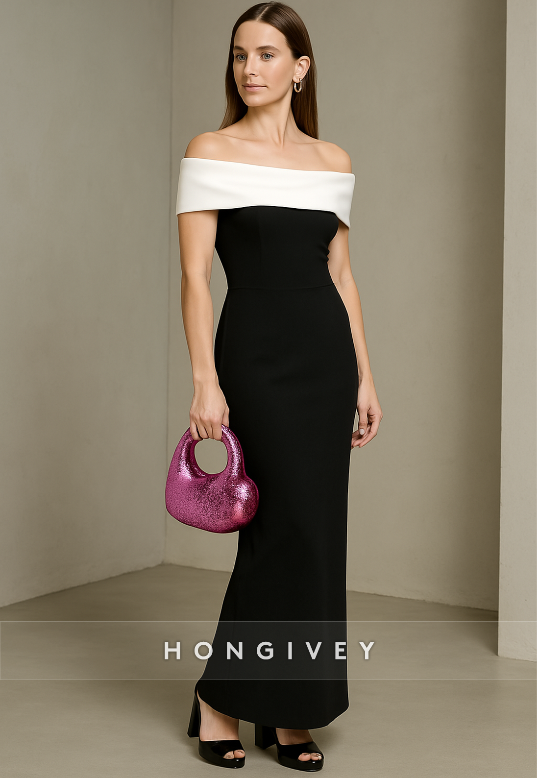 Simple Black Off the Shoulder Ankle-Length Pleated Sheath Evening Gowns