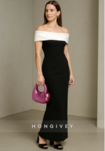 Simple Black Off the Shoulder Ankle-Length Pleated Sheath Evening Gowns