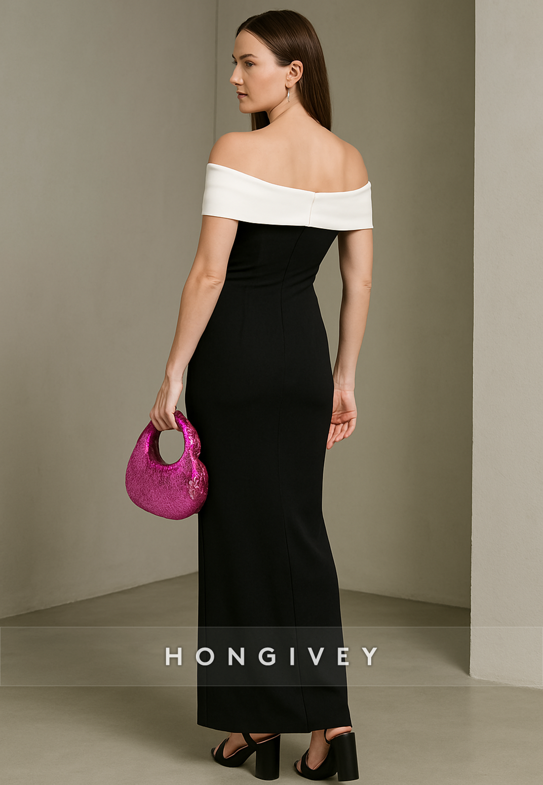 Simple Black Off the Shoulder Ankle-Length Pleated Sheath Evening Gowns