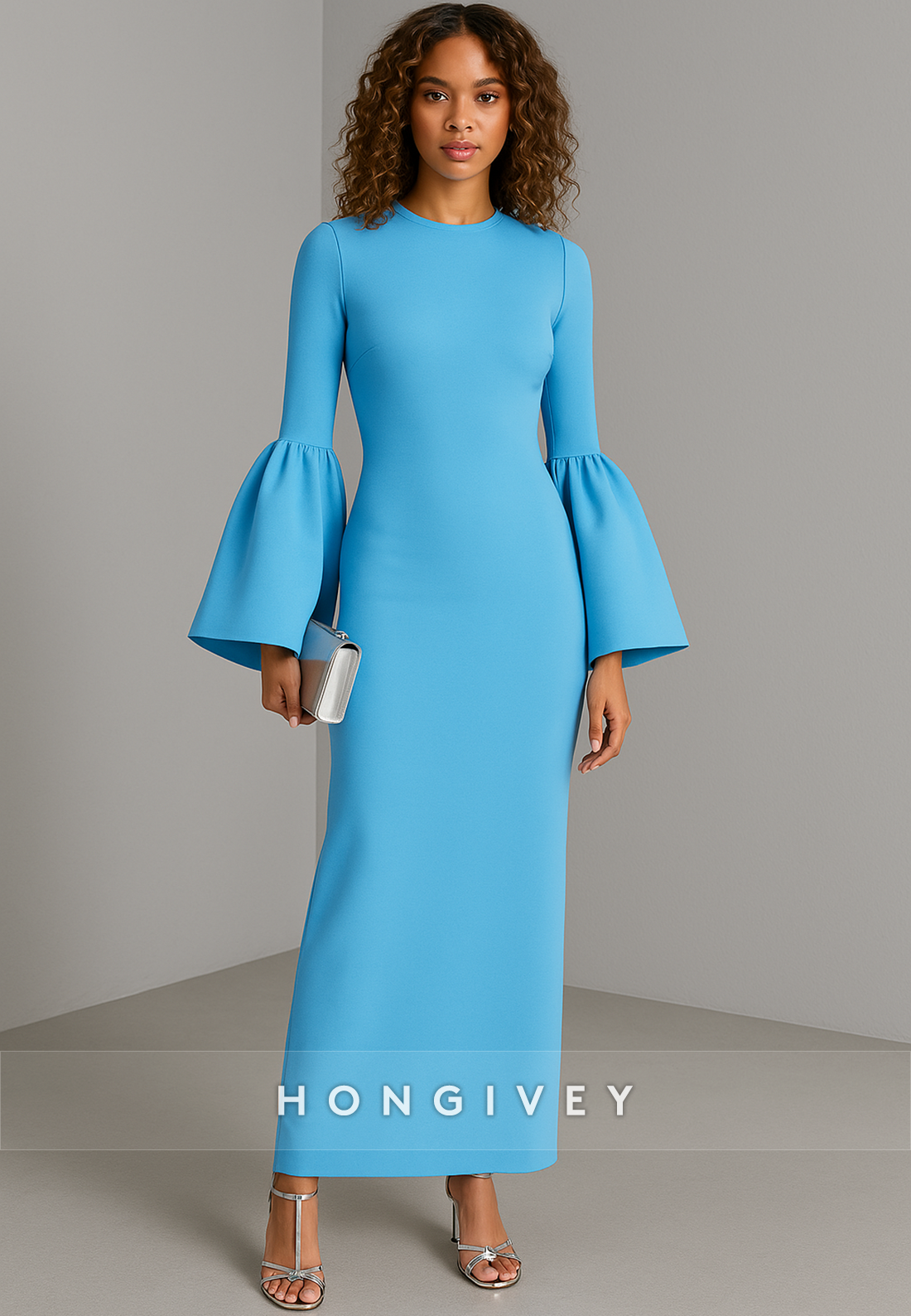 Simple Blue Scoop Column Bell Sleeves Ankle-Length Evening Gowns