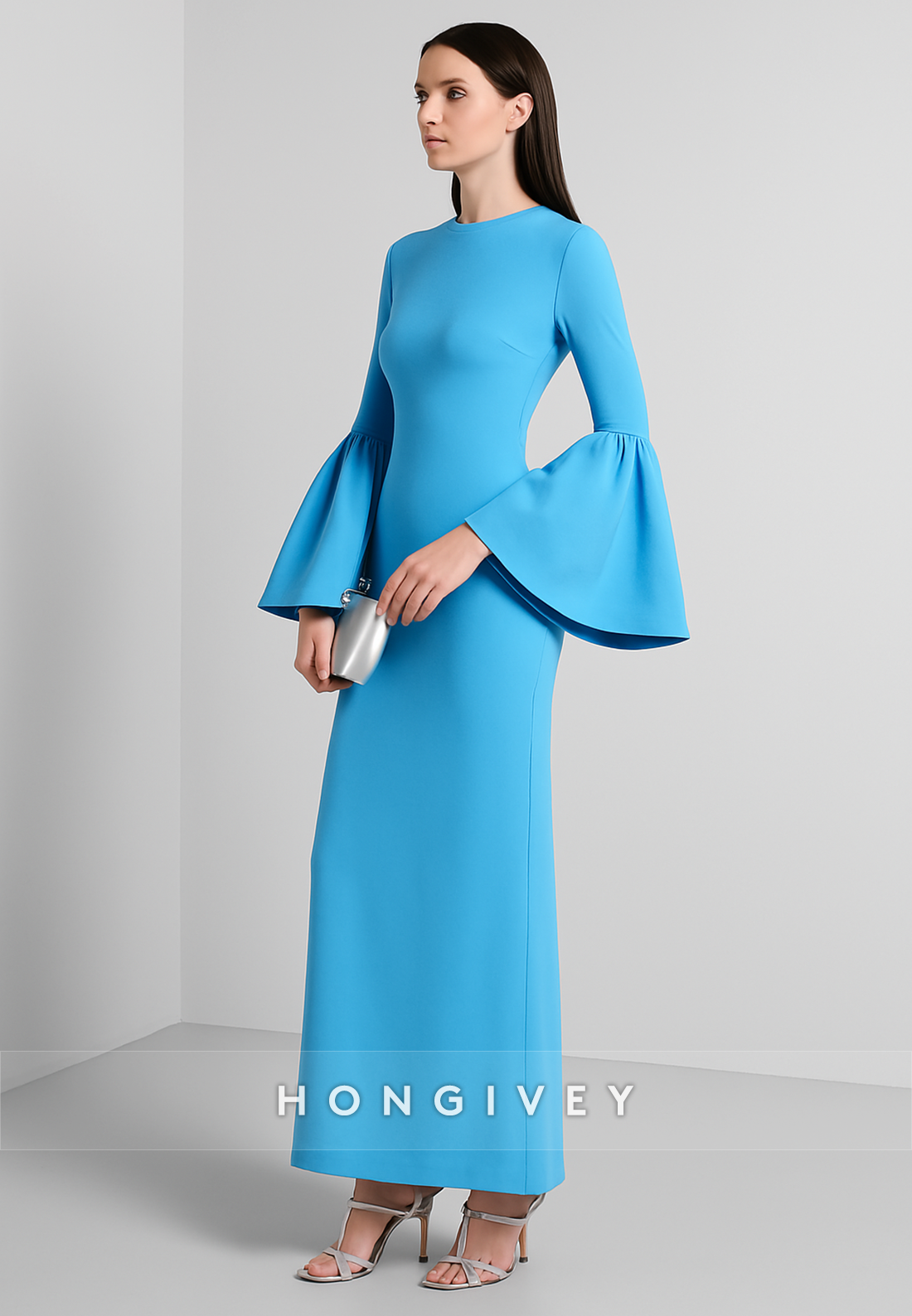 Simple Blue Scoop Column Bell Sleeves Ankle-Length Evening Gowns