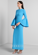 Simple Blue Scoop Column Bell Sleeves Ankle-Length Evening Gowns