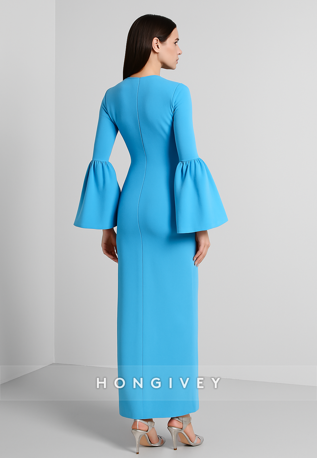 Simple Blue Scoop Column Bell Sleeves Ankle-Length Evening Gowns
