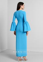 Simple Blue Scoop Column Bell Sleeves Ankle-Length Evening Gowns