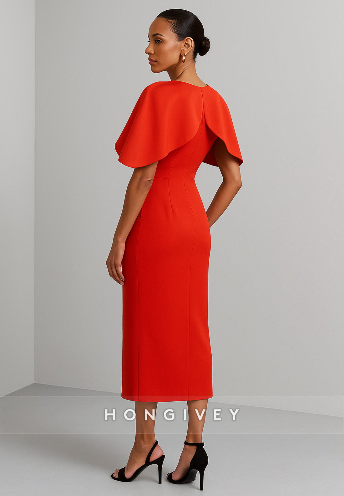 Elegant Shawl Red V-Neck Scoop Column Tea-Length Evening Gowns