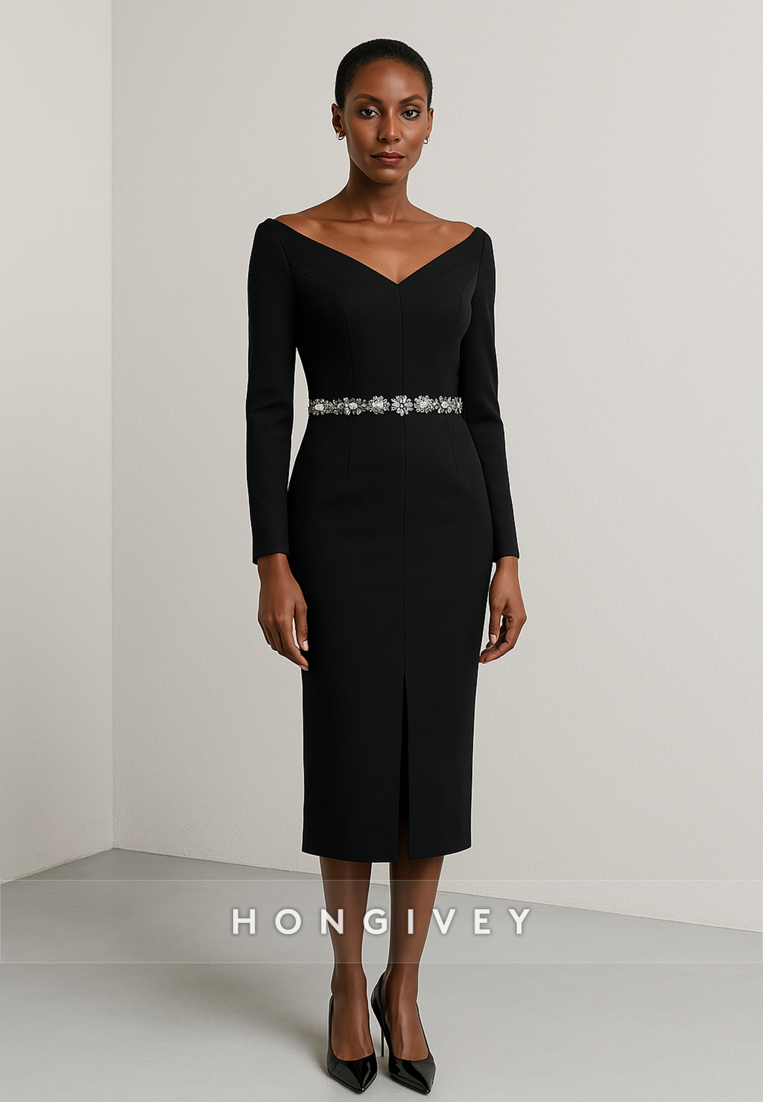 Black V-Neck Long Sleeves Column Tea-Length Evening Gowns with Appliques