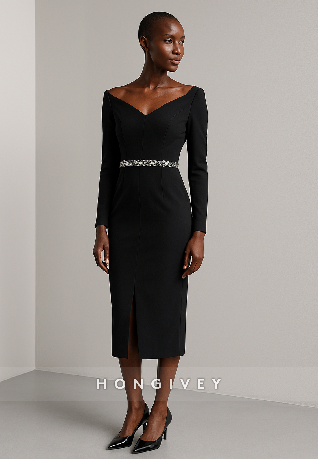 Black V-Neck Long Sleeves Column Tea-Length Evening Gowns with Appliques