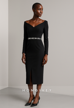 Black V-Neck Long Sleeves Column Tea-Length Evening Gowns with Appliques