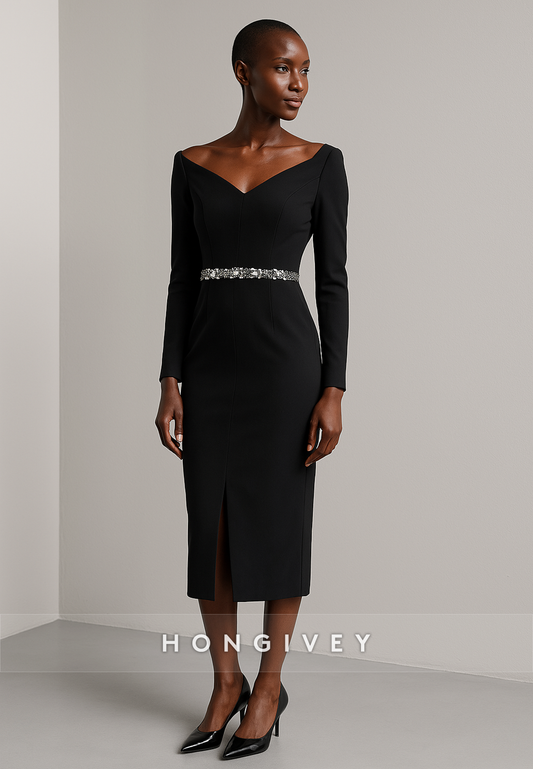 Black V-Neck Long Sleeves Column Tea-Length Evening Gowns with Appliques