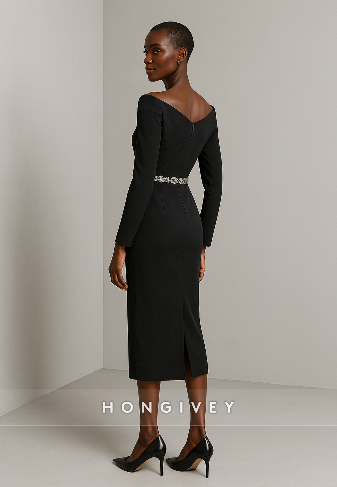 Black V-Neck Long Sleeves Column Tea-Length Evening Gowns with Appliques