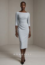 Simple 3/4 Sleeve Bateau Neck Column Pleated Tea-Length Evening Gowns