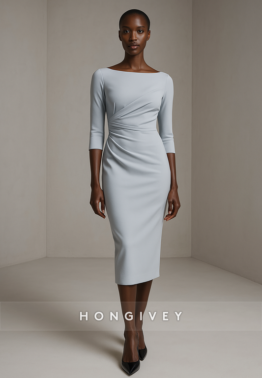 Simple 3/4 Sleeve Bateau Neck Column Pleated Tea-Length Evening Gowns