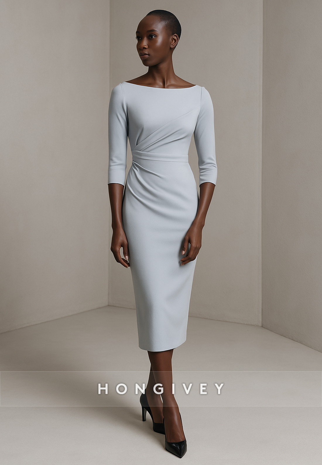 Simple 3/4 Sleeve Bateau Neck Column Pleated Tea-Length Evening Gowns