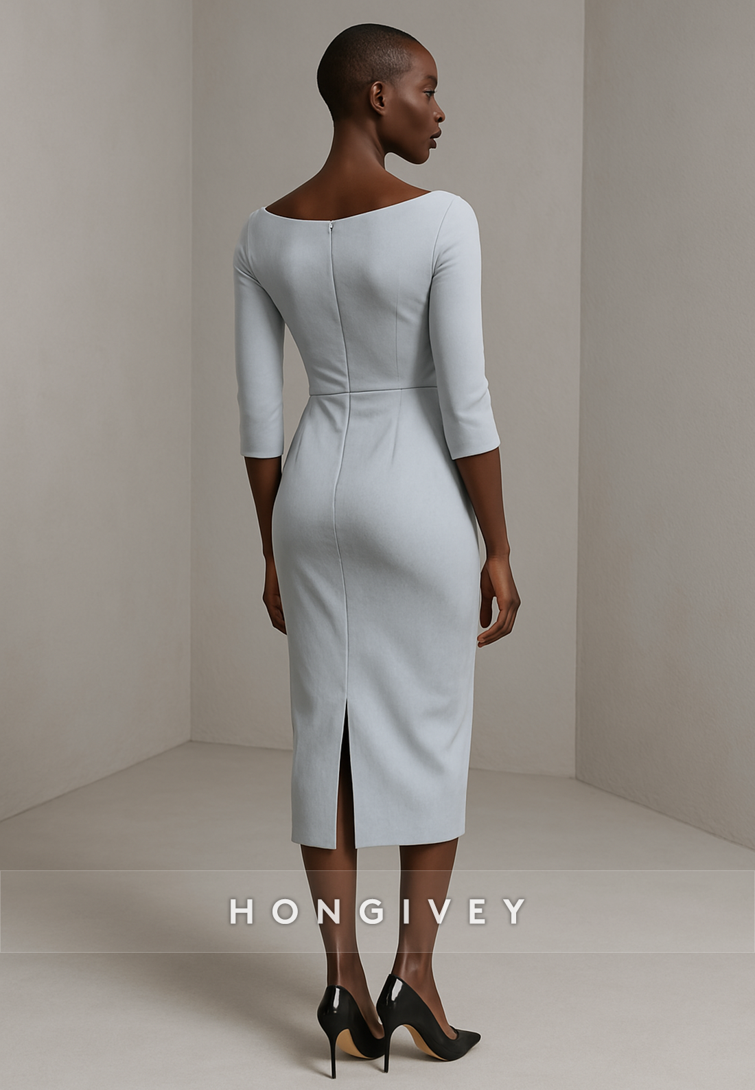 Simple 3/4 Sleeve Bateau Neck Column Pleated Tea-Length Evening Gowns