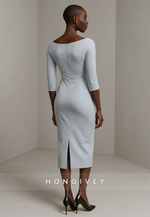 Simple 3/4 Sleeve Bateau Neck Column Pleated Tea-Length Evening Gowns