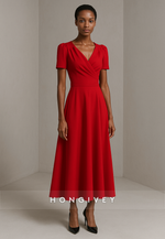 Red V-Neck Tea-Length V Back Short Sleeves A-Line Pleated Evening Gowns