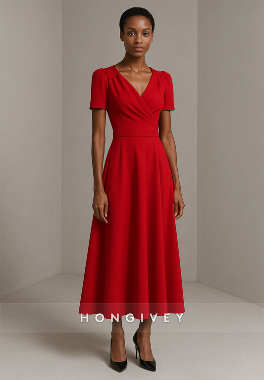 Red V-Neck Tea-Length V Back Short Sleeves A-Line Pleated Evening Gowns