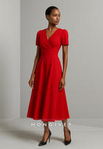 Red V-Neck Tea-Length V Back Short Sleeves A-Line Pleated Evening Gowns