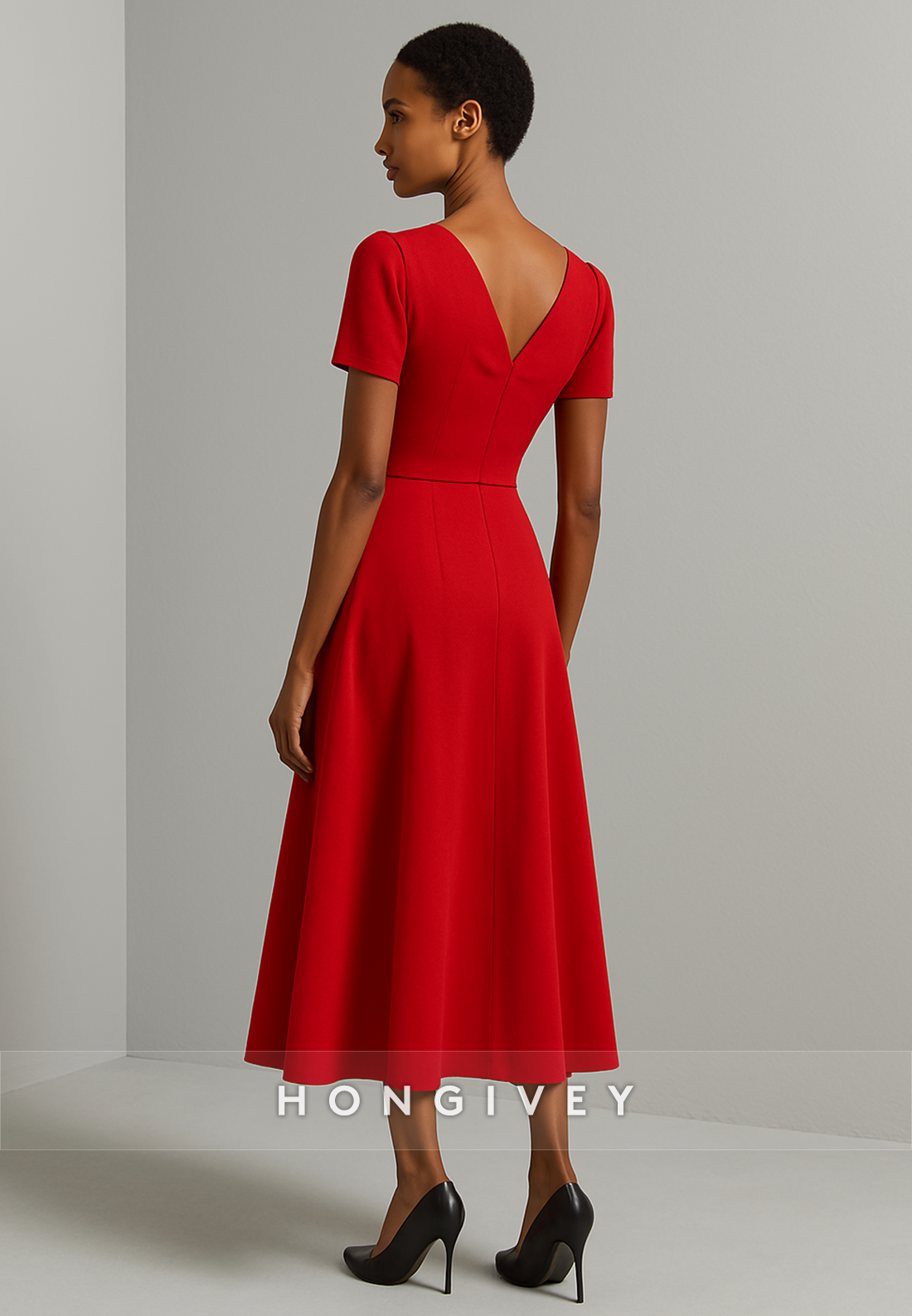 Red V-Neck Tea-Length V Back Short Sleeves A-Line Pleated Evening Gowns