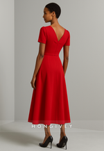 Red V-Neck Tea-Length V Back Short Sleeves A-Line Pleated Evening Gowns