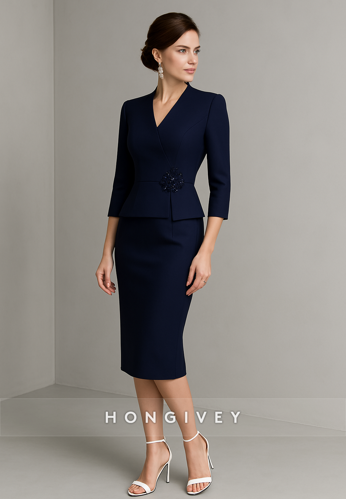 Navy Blue V-Neck 3/4 Sleeve Formal Dresses Knee-Length Sheath Evening Gowns