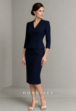 Navy Blue V-Neck 3/4 Sleeve Formal Dresses Knee-Length Sheath Evening Gowns