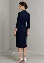 Navy Blue V-Neck 3/4 Sleeve Formal Dresses Knee-Length Sheath Evening Gowns