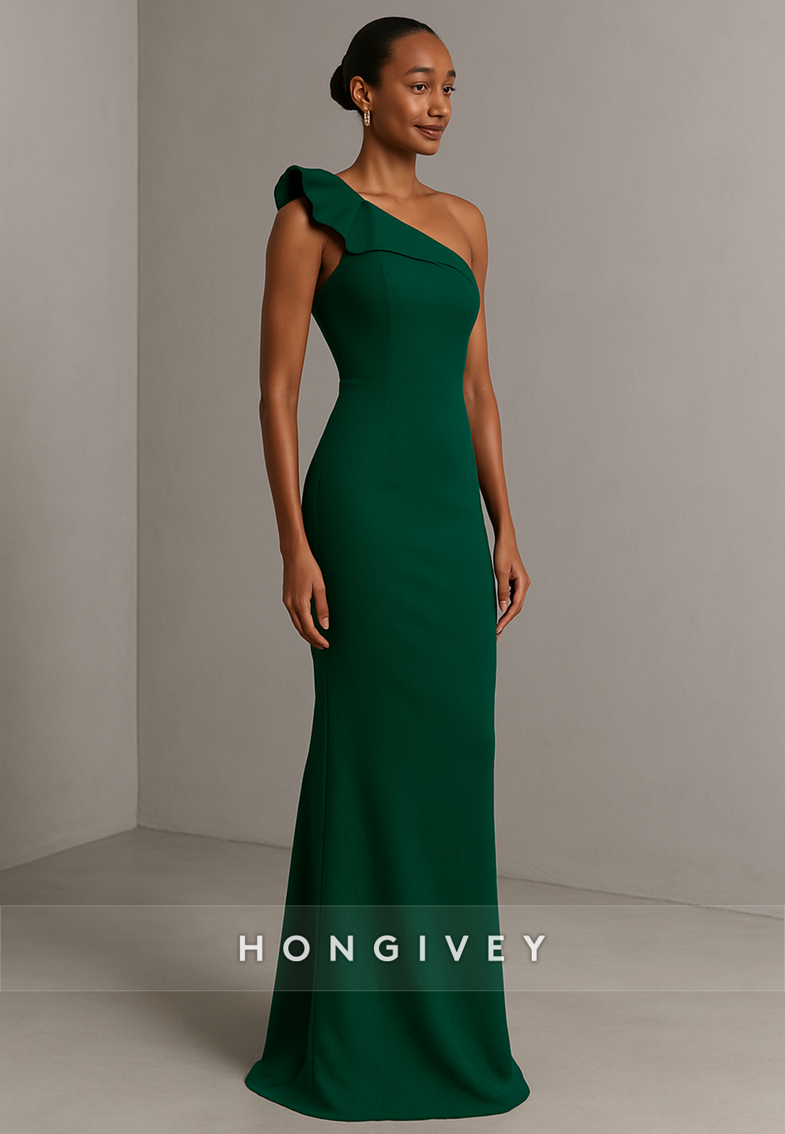 Dark Green One Shoulder Mermaid Floor-Length Evening Gowns