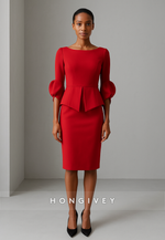 Red Bateau Neck Column Half Sleeves Knee Length Evening Gowns