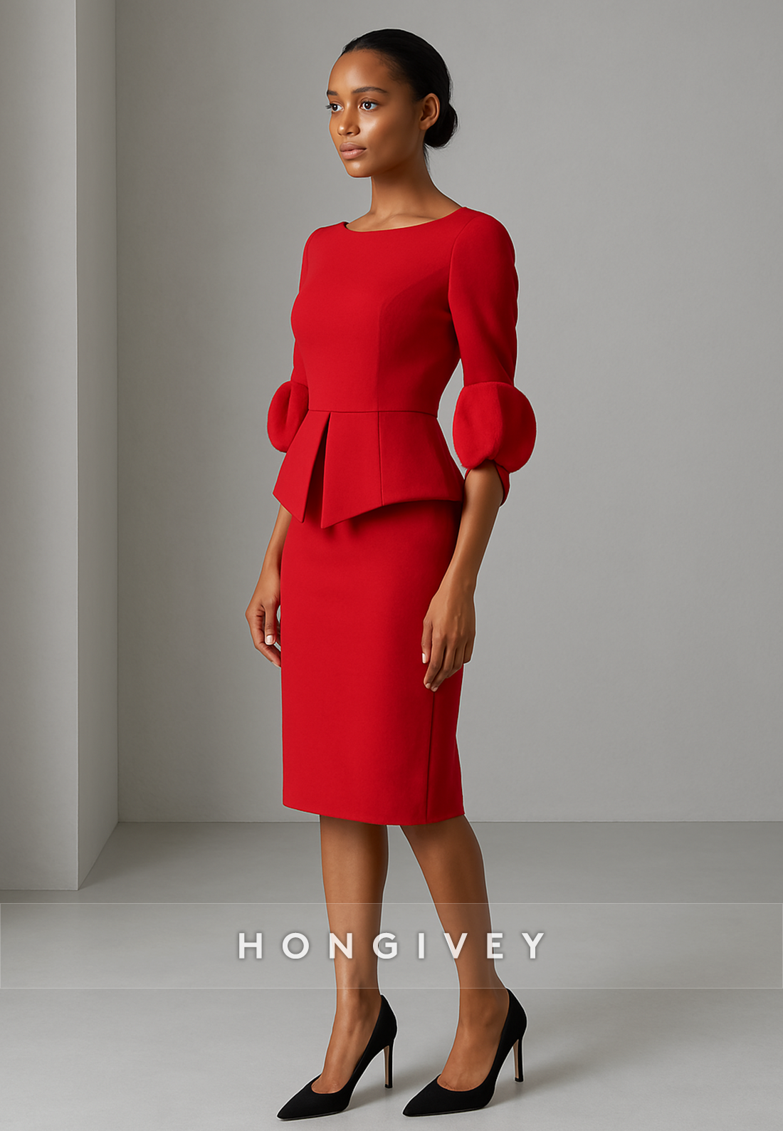 Red Bateau Neck Column Half Sleeves Knee Length Evening Gowns