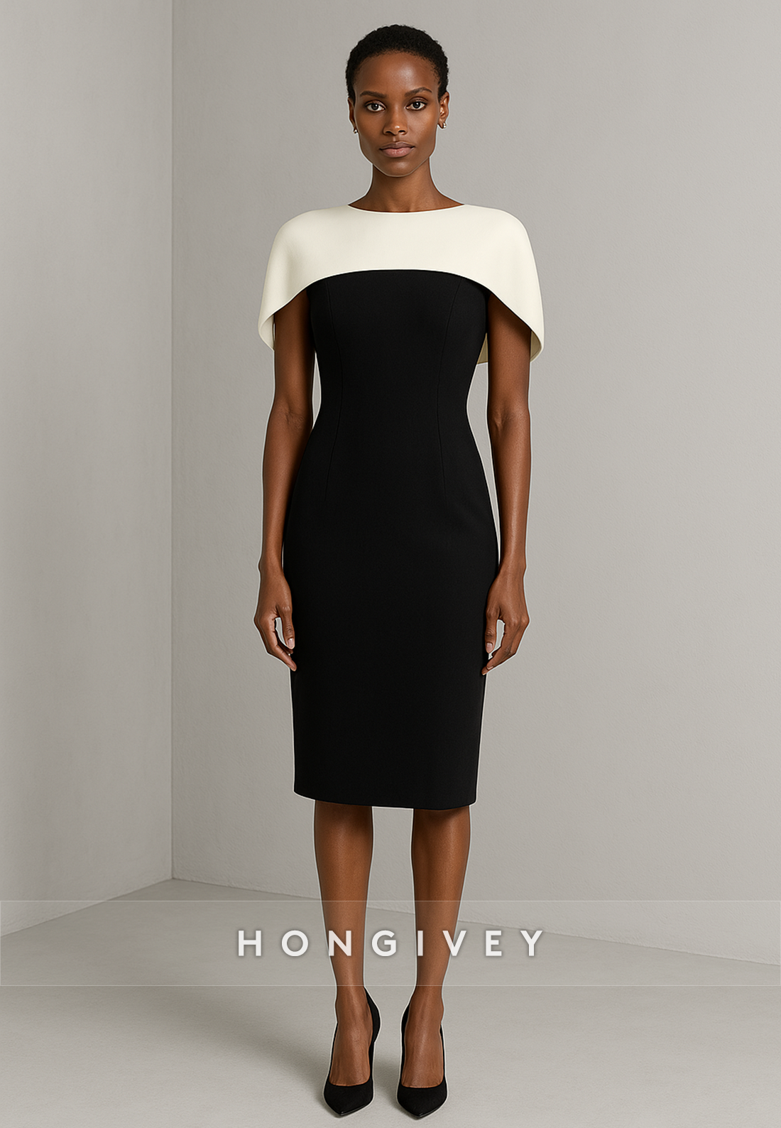 Simple Black Sheath Cocktail Dress Knee-Length Evening Gowns with Wite Shawl