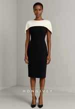 Simple Black Sheath Cocktail Dress Knee-Length Evening Gowns with Wite Shawl