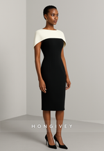 Simple Black Sheath Cocktail Dress Knee-Length Evening Gowns with Wite Shawl