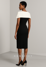 Simple Black Sheath Cocktail Dress Knee-Length Evening Gowns with Wite Shawl