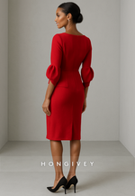 Red Bateau Neck Column Half Sleeves Knee Length Evening Gowns